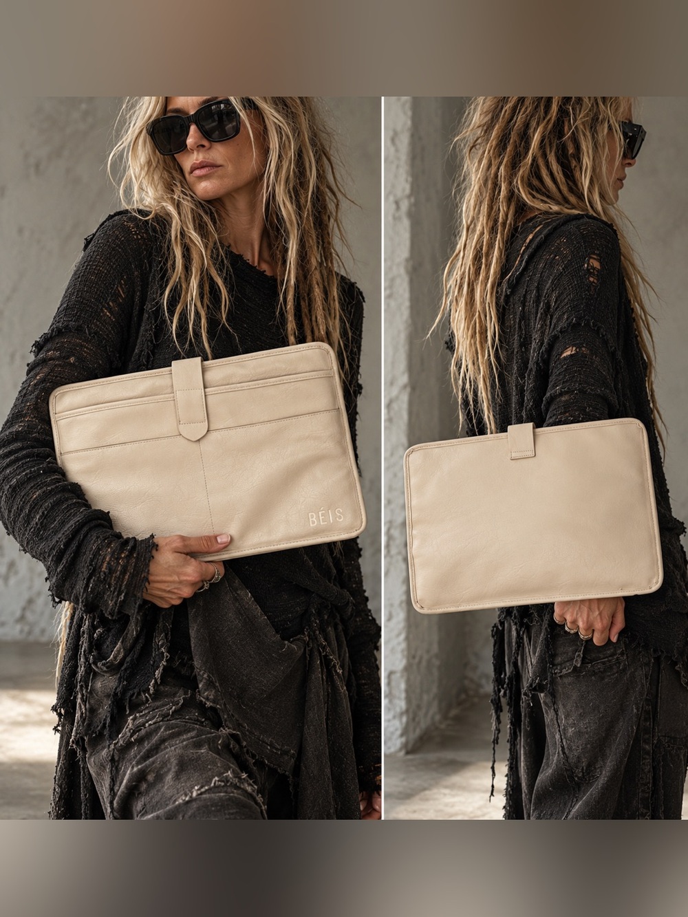 BÉIS Cream Vegan Leather Laptop Sleeve / Tech Organizer Clutch 15”